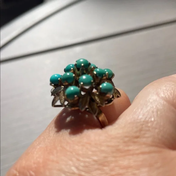 Vintage Turquoise 10k gold Cluster Flower Ring - Picture 3 of 8